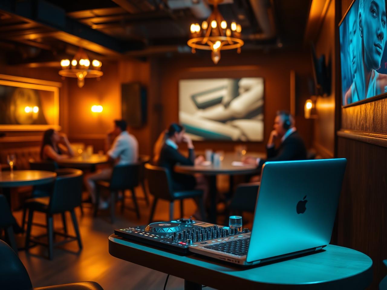 Compact DJ setup in the corner of a stylish lounge bar